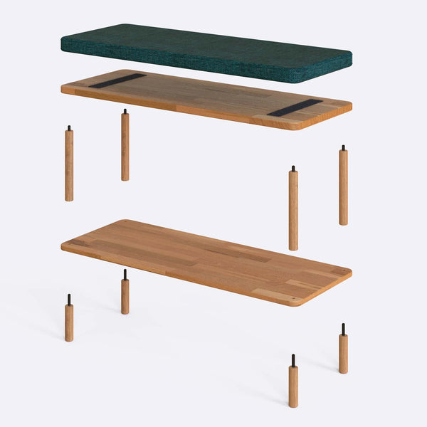 Waljan Bench 100 x 38 parçalarına ayrılmış montaj görünümü, petrol keten oturum ve masif kayın ayaklar ile bağlantı vidaları