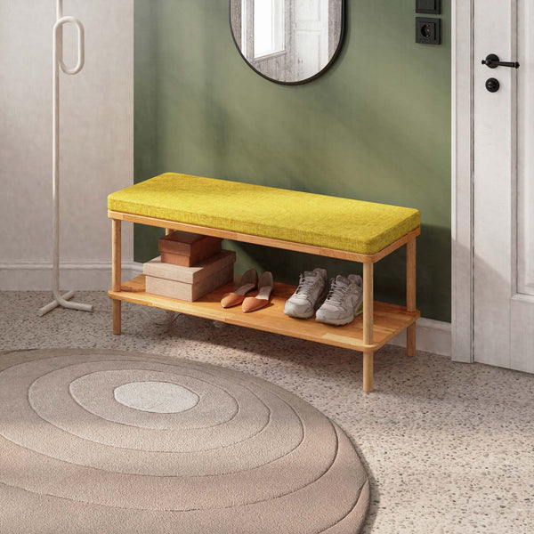 Waljan Bench 100 x 38, sarı keten döşeme, masif kayın gövde, döşenmiş oda ortamında kullanım görünümü