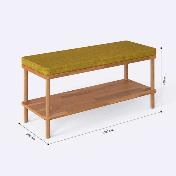 Waljan Bench 100 x 38 ölçülendirilmiş teknik görünümü, sarı keten döşeme, milimetre cinsinden genişlik, derinlik ve yükseklik