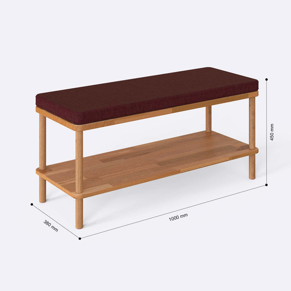 Waljan Bench 100 x 38 ölçülendirilmiş teknik görünümü, bordo keten döşeme, milimetre cinsinden ölçüler