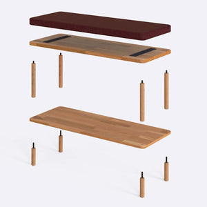 Waljan Bench 100 x 38 parçalarına ayrılmış montaj görünümü, bordo keten oturum ve masif kayın ayaklar ile bağlantı vidaları