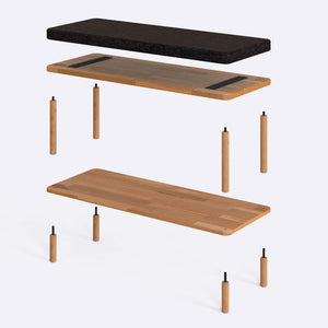 Waljan Bench 100 x 38 parçalarına ayrılmış montaj görünümü, siyah keten oturum ve masif kayın ayaklar ile bağlantı vidaları