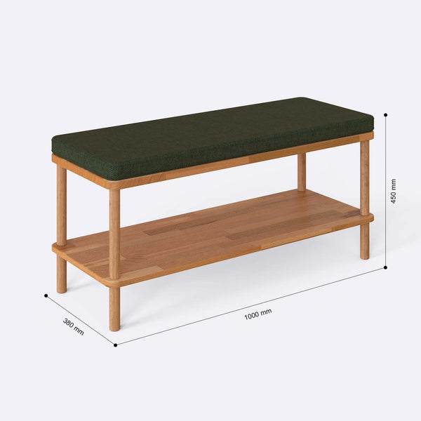 Waljan Bench 100 x 38 ölçülendirilmiş teknik görünümü, yeşil keten döşeme, milimetre cinsinden ölçüler