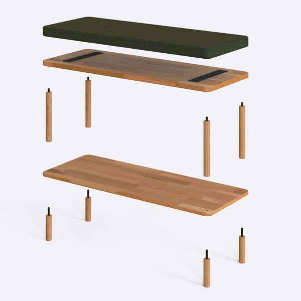 Waljan Bench 100 x 38 parçalarına ayrılmış montaj görünümü, yeşil keten oturum ve masif kayın ayaklar ile bağlantı vidaları