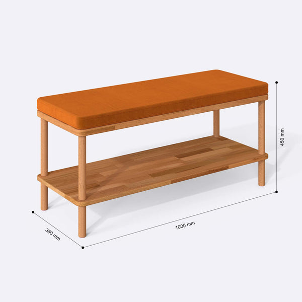 Waljan Bench 100 x 38 ölçülendirilmiş teknik görünümü, badem kadife döşeme, milimetre cinsinden ölçüler