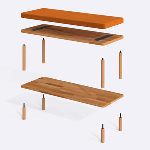 Waljan Bench 100 x 38 parçalarına ayrılmış montaj görünümü, badem kadife oturum ve masif kayın ayaklar ile bağlantı vidaları
