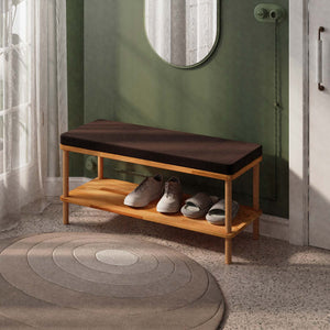 Waljan Bench 100 x 38, kahve kadife döşeme, masif kayın gövde, döşenmiş oda ortamında kullanım görünümü