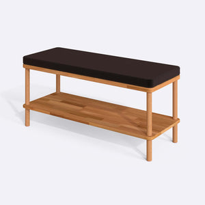 Waljan Bench 100 x 38, kahve kadife döşeme, masif kayın gövde, beyaz zeminde üç çeyrek açıdan stüdyo çekimi