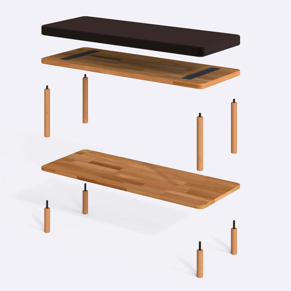 Waljan Bench 100 x 38 parçalarına ayrılmış montaj görünümü, kahve kadife oturum ve masif kayın ayaklar ile bağlantı vidaları