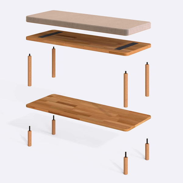 Waljan Bench 100 x 38 parçalarına ayrılmış montaj görünümü, kum kadife oturum ve masif kayın ayaklar ile bağlantı vidaları