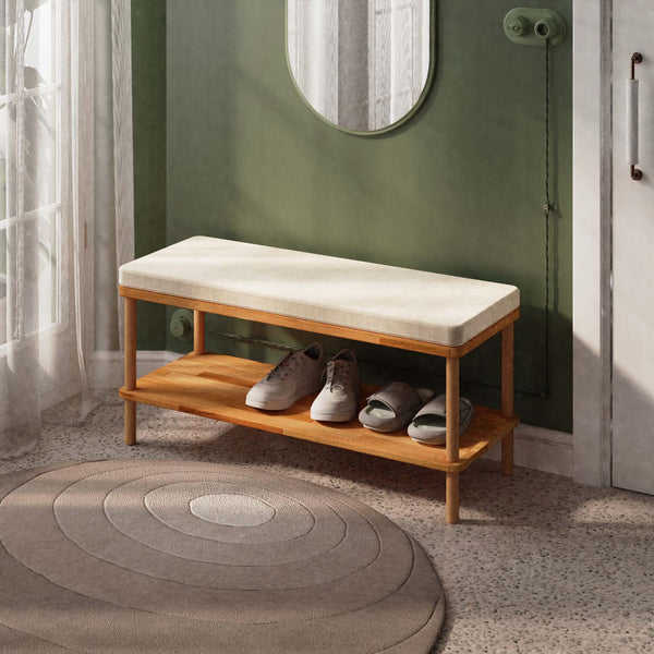 Waljan Bench 100 x 38, ekru kadife döşeme, masif kayın gövde, döşenmiş oda ortamında kullanım görünümü