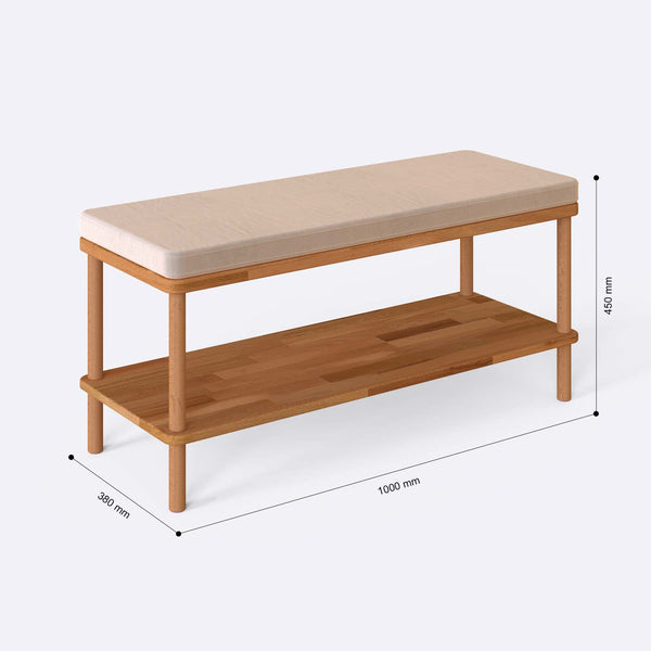 Waljan Bench 100 x 38 ölçülendirilmiş teknik görünümü, ekru kadife döşeme, milimetre cinsinden ölçüler