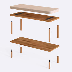 Waljan Bench 100 x 38 parçalarına ayrılmış montaj görünümü, ekru kadife oturum ve masif kayın ayaklar ile bağlantı vidaları