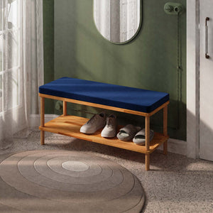Waljan Bench 100 x 38, lacivert kadife döşeme, masif kayın gövde, döşenmiş oda ortamında kullanım görünümü