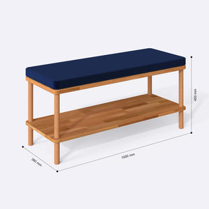 Waljan Bench 100 x 38 ölçülendirilmiş teknik görünümü, lacivert kadife döşeme, milimetre cinsinden ölçüler