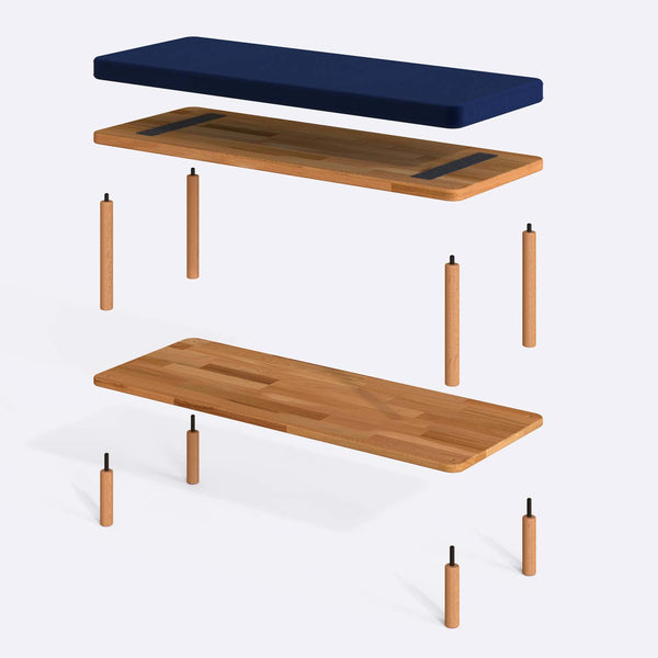 Waljan Bench 100 x 38 parçalarına ayrılmış montaj görünümü, lacivert kadife oturum ve masif kayın ayaklar