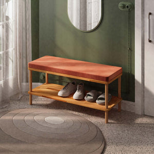 Waljan Bench 100 x 38, somon kadife döşeme, masif kayın gövde, döşenmiş oda ortamında kullanım görünümü