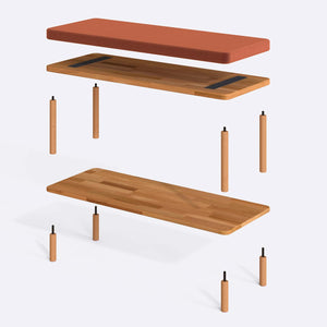 Waljan Bench 100 x 38 parçalarına ayrılmış montaj görünümü, somon kadife oturum ve masif kayın ayaklar ile bağlantı vidaları