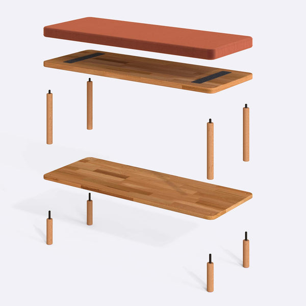 Waljan Bench 100 x 38 parçalarına ayrılmış montaj görünümü, somon kadife oturum ve masif kayın ayaklar ile bağlantı vidaları