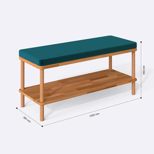 Waljan Bench 100 x 38 ölçülendirilmiş teknik görünümü, petrol kadife döşeme, milimetre cinsinden ölçüler