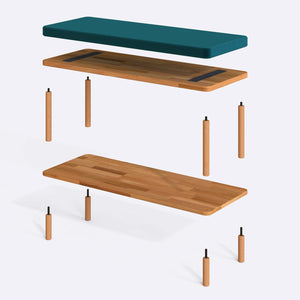 Waljan Bench 100 x 38 parçalarına ayrılmış montaj görünümü, petrol kadife oturum ve masif kayın ayaklar ile bağlantı vidaları