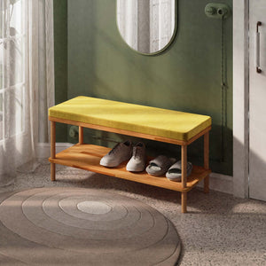 Waljan Bench 100 x 38, sarı kadife döşeme, masif kayın gövde, döşenmiş oda ortamında kullanım görünümü
