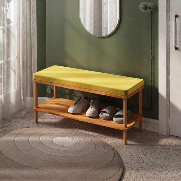 Waljan Bench 100 x 38, sarı kadife döşeme, masif kayın gövde, döşenmiş oda ortamında kullanım görünümü
