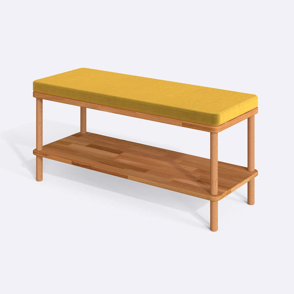 Waljan Bench 100 x 38, sarı kadife döşeme, masif kayın gövde, beyaz zeminde üç çeyrek açıdan stüdyo çekimi