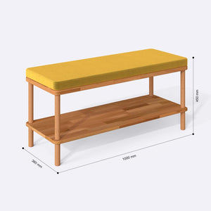 Waljan Bench 100 x 38 ölçülendirilmiş teknik görünümü, sarı kadife döşeme, milimetre cinsinden ölçüler