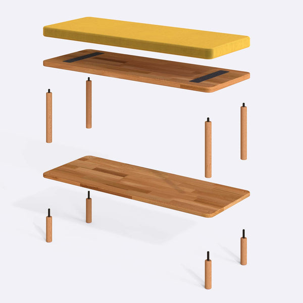 Waljan Bench 100 x 38 parçalarına ayrılmış montaj görünümü, sarı kadife oturum ve masif kayın ayaklar ile bağlantı vidaları