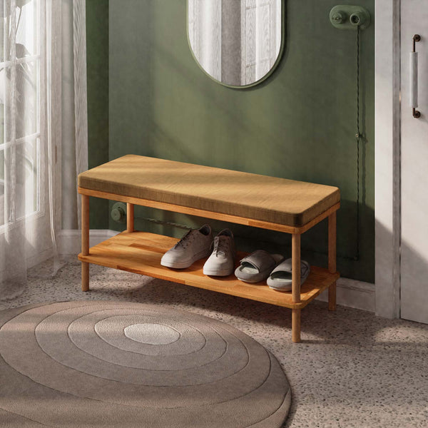 Waljan Bench 100 x 38, vizon kadife döşeme, masif kayın gövde, döşenmiş oda ortamında kullanım görünümü
