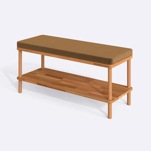 Waljan Bench 100 x 38, vizon kadife döşeme, masif kayın gövde, beyaz zeminde üç çeyrek açıdan stüdyo çekimi