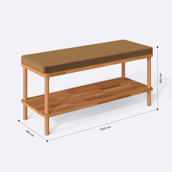 Waljan Bench 100 x 38 ölçülendirilmiş teknik görünümü, vizon kadife döşeme, milimetre cinsinden ölçüler