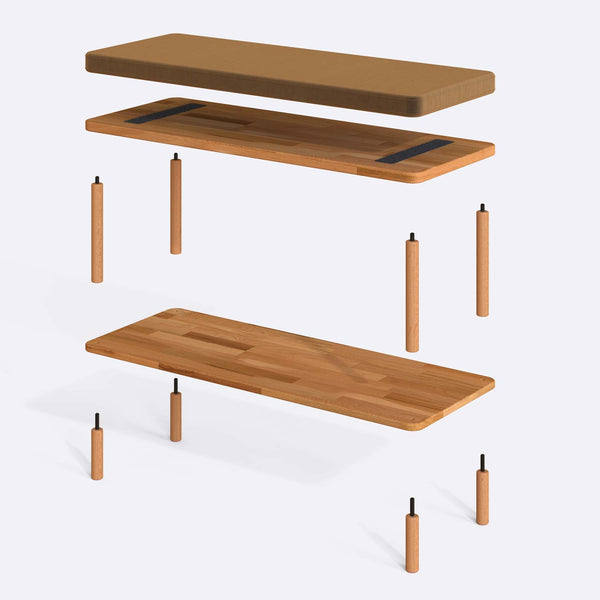 Waljan Bench 100 x 38 parçalarına ayrılmış montaj görünümü, vizon kadife oturum ve masif kayın ayaklar ile bağlantı vidaları
