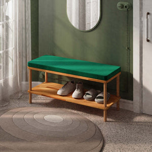Waljan Bench 100 x 38, zümrüt kadife döşeme, masif kayın gövde, döşenmiş oda ortamında kullanım görünümü