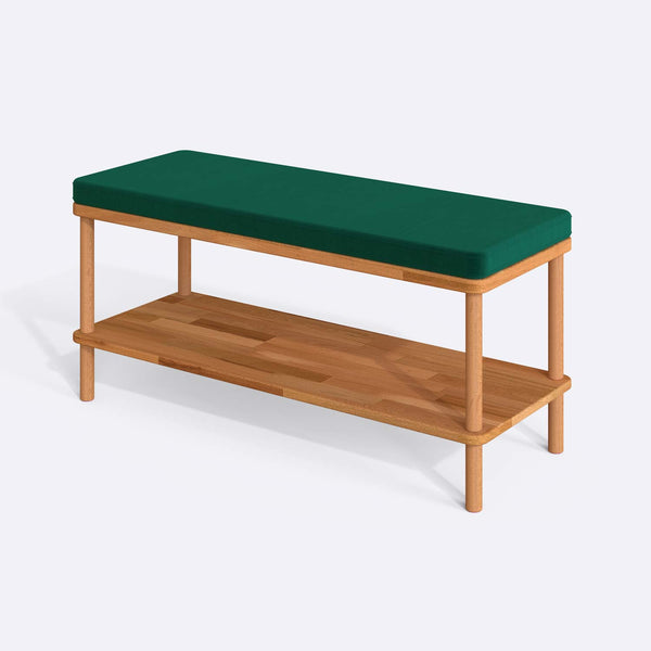 Waljan Bench 100 x 38, zümrüt kadife döşeme, masif kayın gövde, beyaz zeminde üç çeyrek açıdan stüdyo çekimi