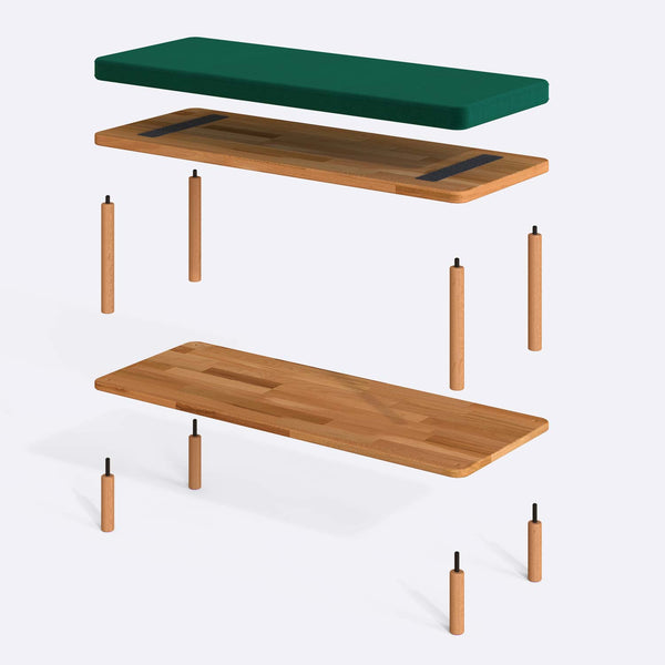 Waljan Bench 100 x 38 parçalarına ayrılmış montaj görünümü, zümrüt kadife oturum ve masif kayın ayaklar ile bağlantı vidaları