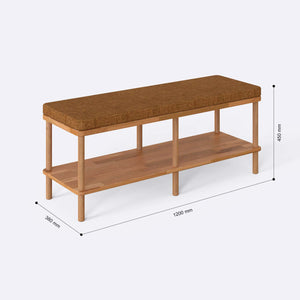 Waljan Bench 120 x 38 ölçülendirilmiş teknik görünümü, badem keten döşeme, milimetre cinsinden ölçü okları