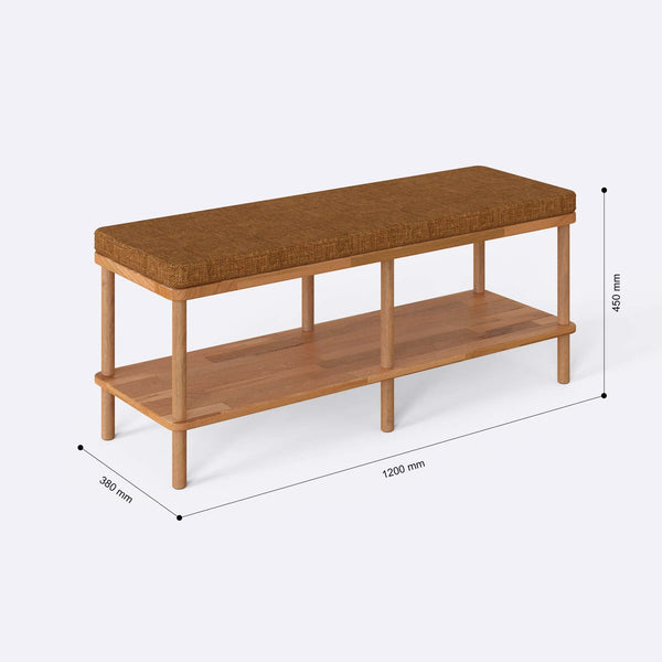 Waljan Bench 120 x 38 ölçülendirilmiş teknik görünümü, badem keten döşeme, milimetre cinsinden ölçü okları