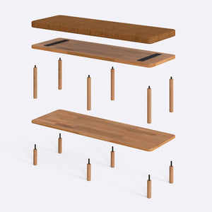 Waljan Bench 120 x 38 parçalarına ayrılmış montaj görünümü, badem keten döşemeli oturum, masif kayın ayaklar ve vidalar