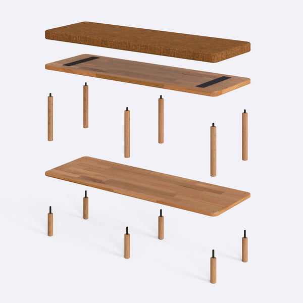 Waljan Bench 120 x 38 parçalarına ayrılmış montaj görünümü, badem keten döşemeli oturum, masif kayın ayaklar ve vidalar