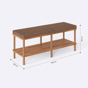 Waljan Bench 120 x 38 ölçülendirilmiş teknik görünümü, kahve keten döşeme, milimetre cinsinden ölçü okları