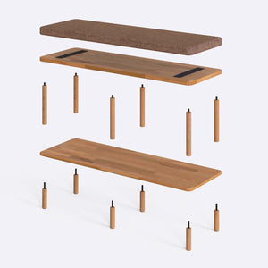 Waljan Bench 120 x 38 parçalarına ayrılmış montaj görünümü, kahve keten döşemeli oturum, masif kayın ayaklar ve vidalar