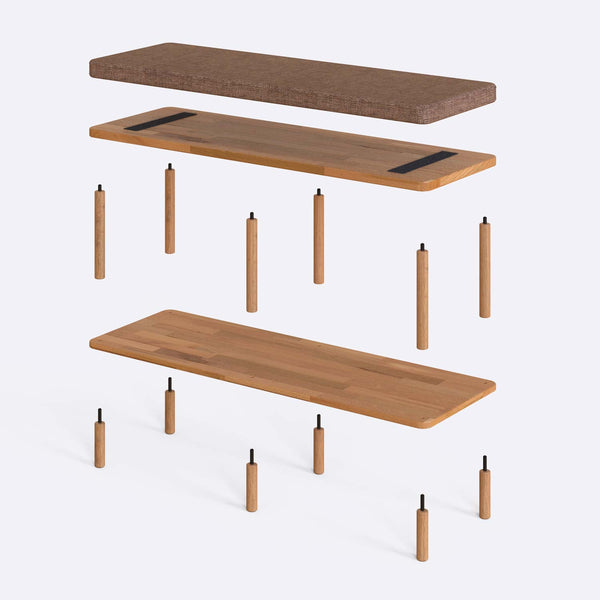 Waljan Bench 120 x 38 parçalarına ayrılmış montaj görünümü, kahve keten döşemeli oturum, masif kayın ayaklar ve vidalar