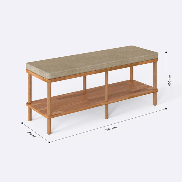 Waljan Bench 120 x 38 ölçülendirilmiş teknik görünümü, kum keten döşeme, milimetre cinsinden genişlik, derinlik ve yükseklik