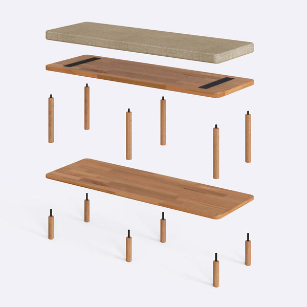 Waljan Bench 120 x 38 parçalarına ayrılmış montaj görünümü, kum keten döşemeli oturum, masif kayın ayaklar ve vidalar