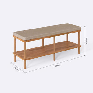 Waljan Bench 120 x 38 ölçülendirilmiş teknik görünümü, ekru keten döşeme, milimetre cinsinden genişlik, derinlik ve yükseklik