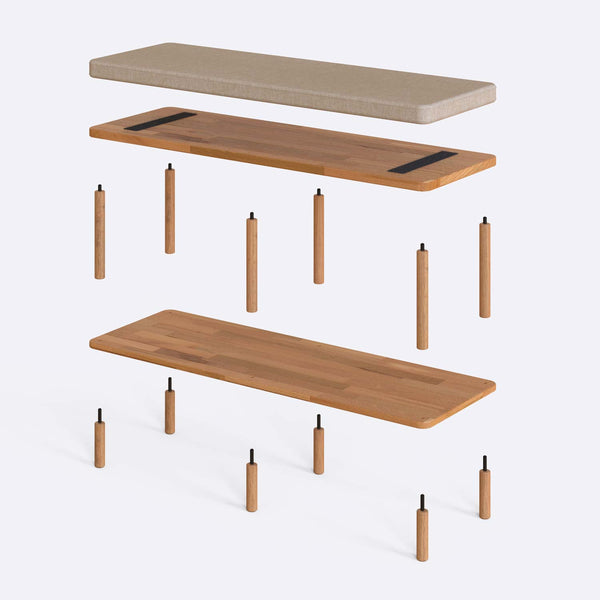 Waljan Bench 120 x 38 parçalarına ayrılmış montaj görünümü, ekru keten döşemeli oturum, masif kayın ayaklar ve vidalar