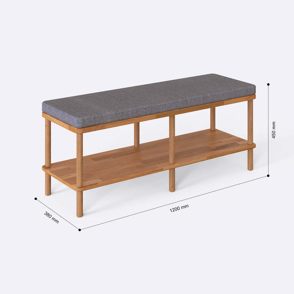 Waljan Bench 120 x 38 ölçülendirilmiş teknik görünümü, gri keten döşeme, milimetre cinsinden genişlik, derinlik ve yükseklik