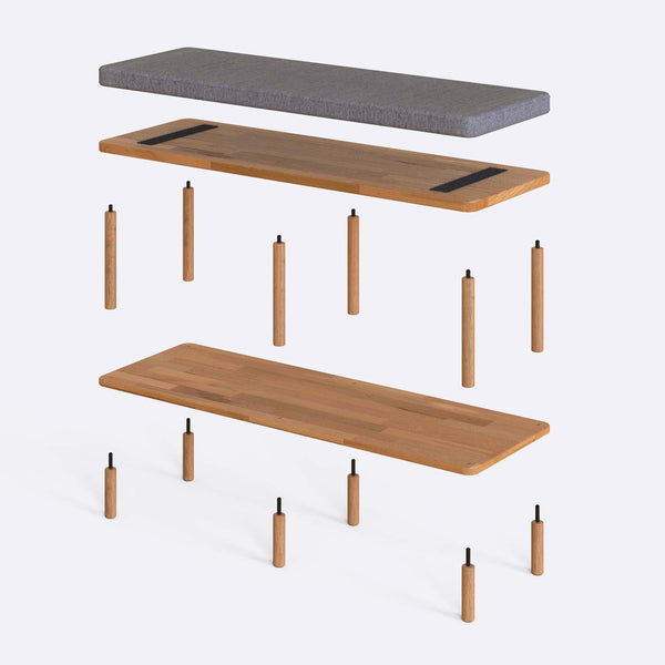 Waljan Bench 120 x 38 parçalarına ayrılmış montaj görünümü, gri keten döşemeli oturum, masif kayın ayaklar ve vidalar